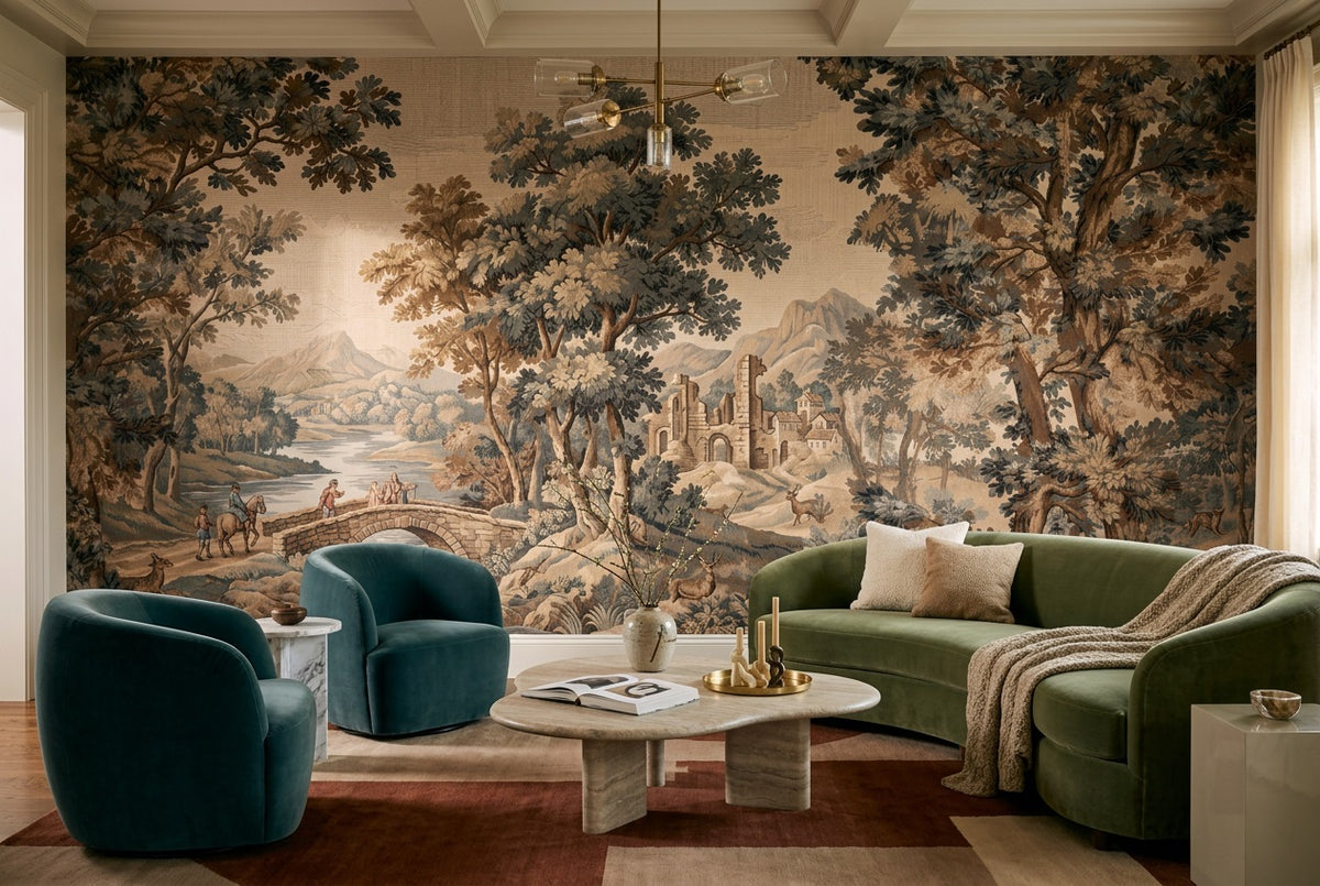 Brown Woodland Ruins Tapestry Wallpaper Mural - 1