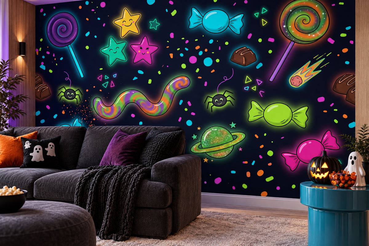 Neon Candy Stars and Swirls Halloween Wallpaper Mural room scene