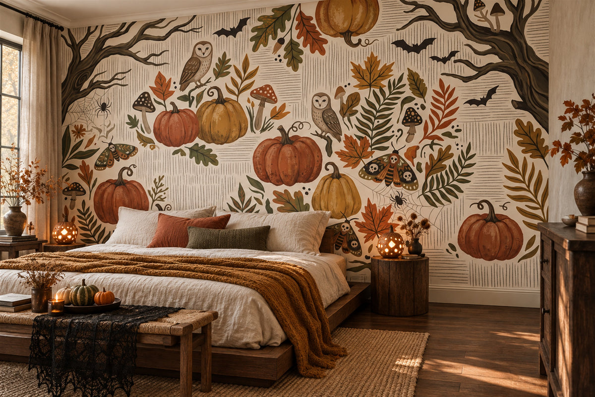 Pumpkins Owls Bats and Autumn Foliage Halloween Wallpaper Mural - image 3