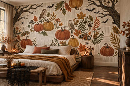 Pumpkins Owls Bats and Autumn Foliage Halloween Wallpaper Mural - image 3