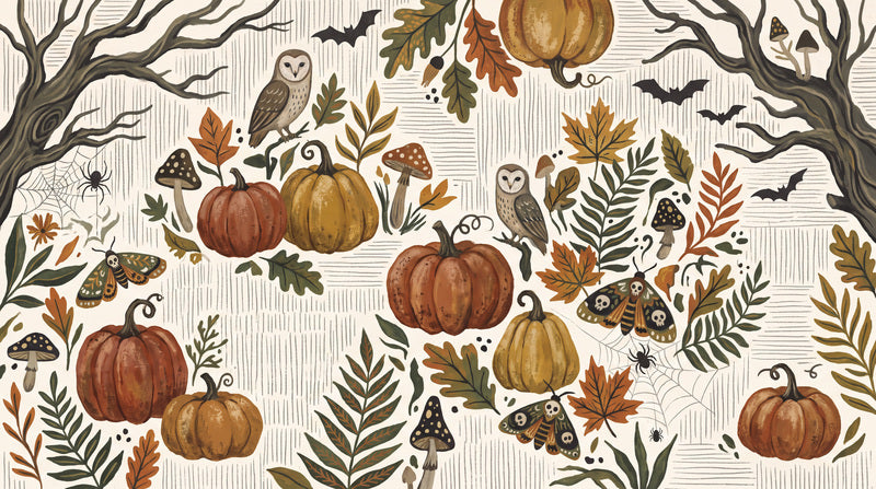 Pumpkins Owls Bats and Autumn Foliage Halloween Wallpaper Mural - image 2