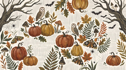 Pumpkins Owls Bats and Autumn Foliage Halloween Wallpaper Mural - image 2