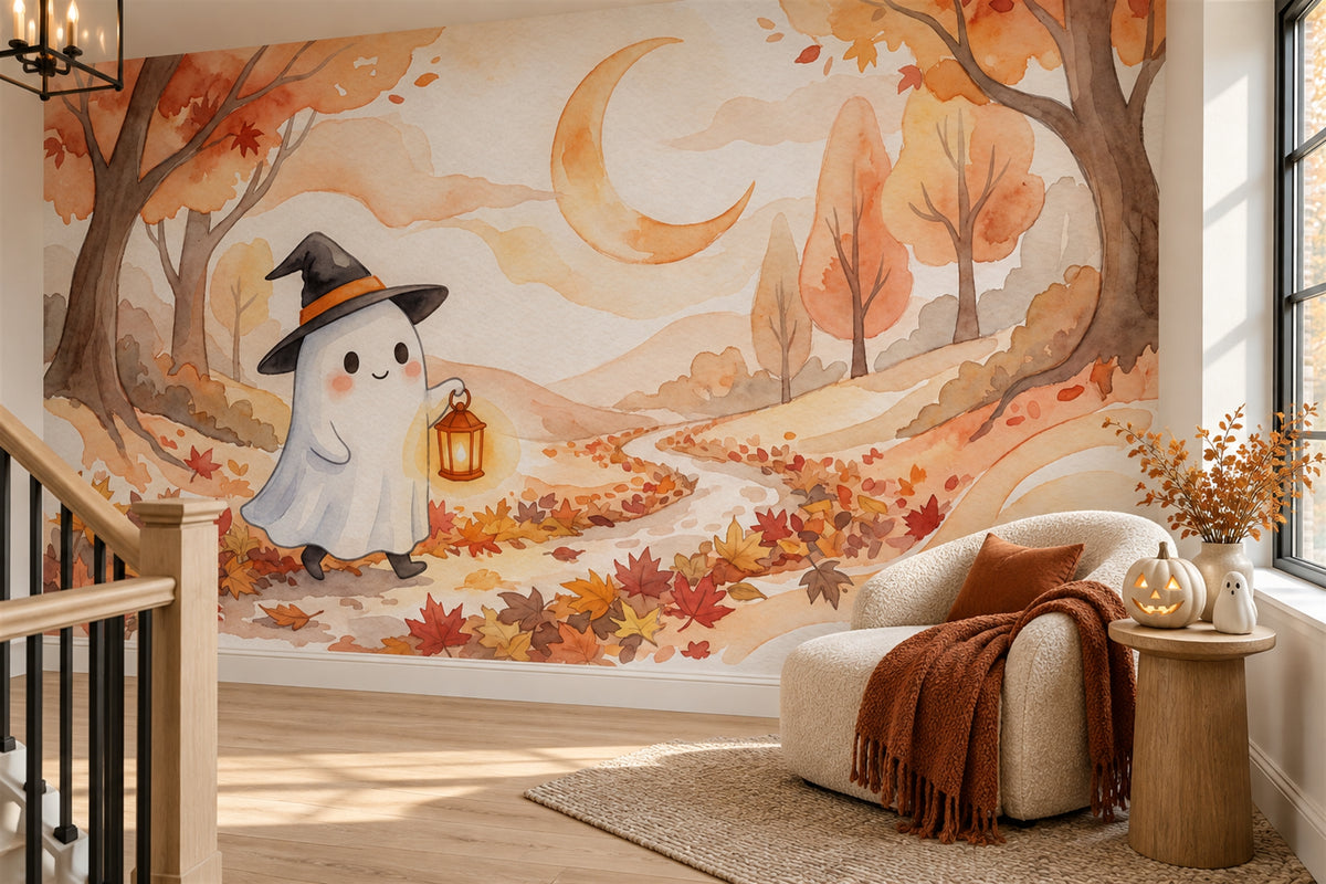 Ghost Carrying Lantern On Autumn Path Halloween Wallpaper Mural room scene