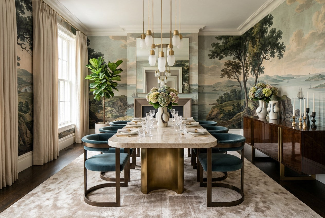 Soft Aqua Coastal Lake Landscape Wallpaper Mural dining room scene