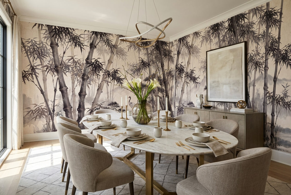 Bamboo Forest Cranes Black Wallpaper Mural - image 1