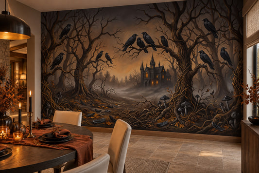 Dark Forest Ravens and Distant Haunted House Halloween Wallpaper Mural - image 1