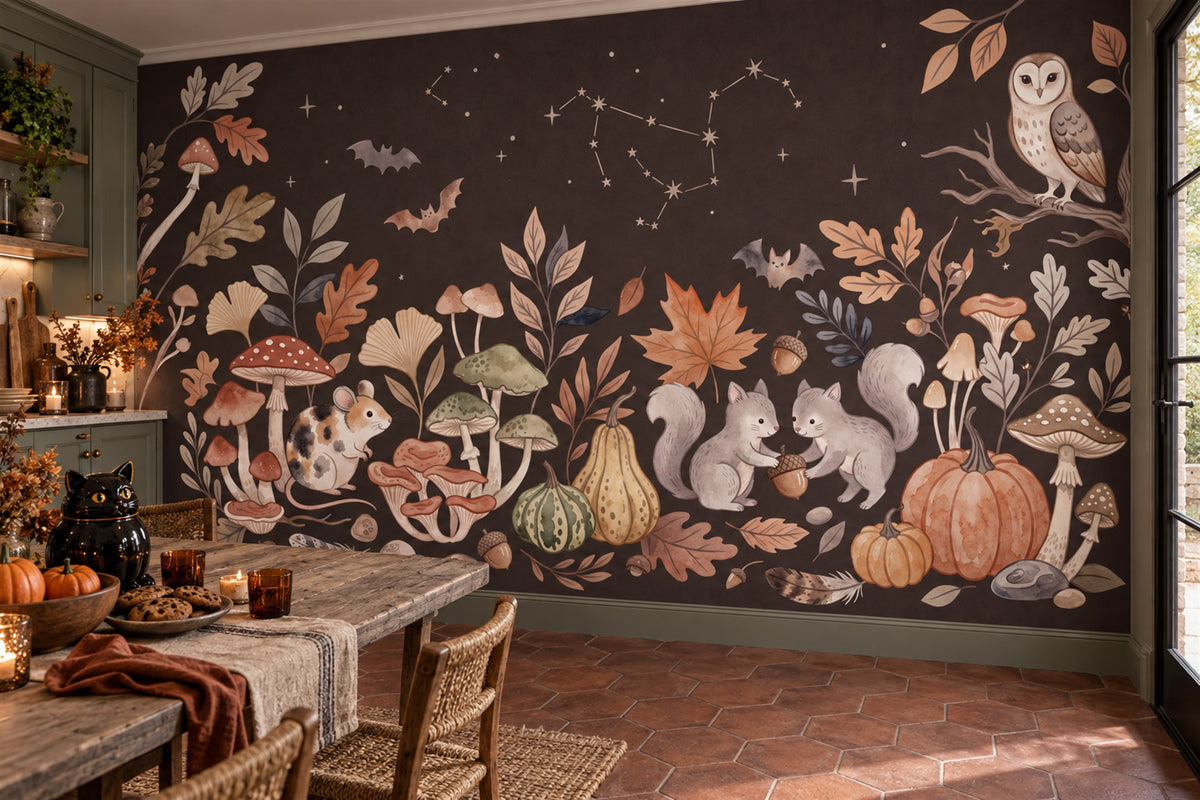 Owl Squirrel Hedgehog Pumpkins and Mushrooms Halloween Wallpaper Mural - image 1