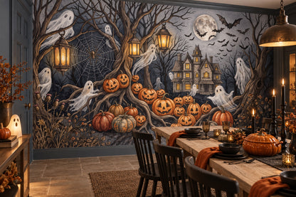 Ghosts Pumpkins Lanterns and Haunted House Halloween Wallpaper Mural - image 1