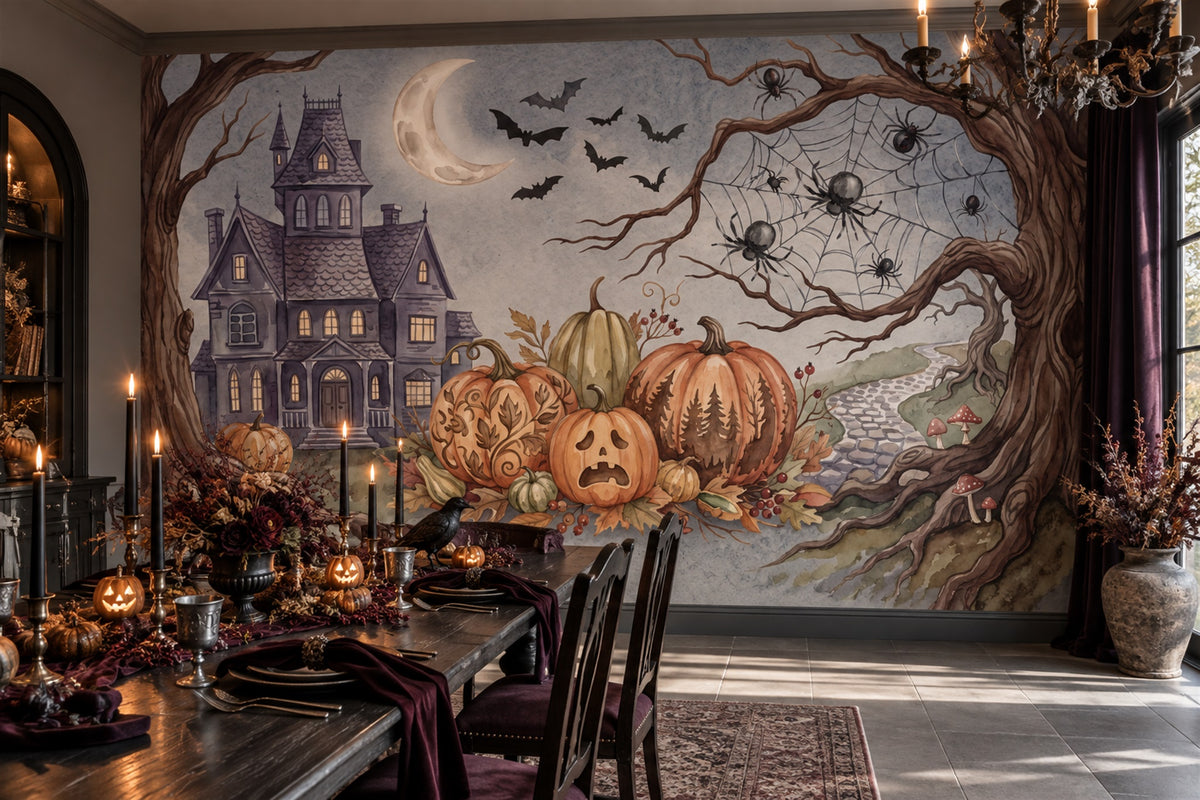 Haunted Mansion Pumpkins Bats and Spiders Halloween Wallpaper Mural - image 1