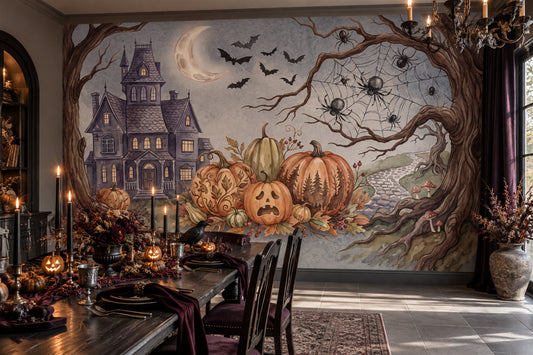 Haunted Mansion Pumpkins Bats and Spiders Halloween Wallpaper Mural - image 1