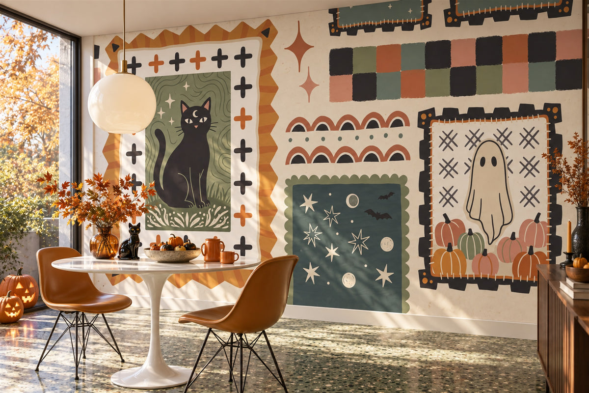 Black Cat Ghost Patchwork Halloween Wallpaper Mural - image 1