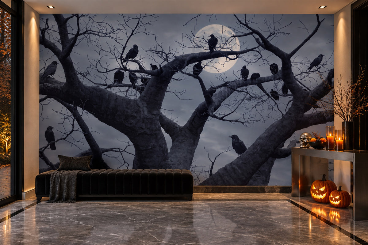 Crows On Bare Moonlit Tree Halloween Wallpaper Mural - image 4
