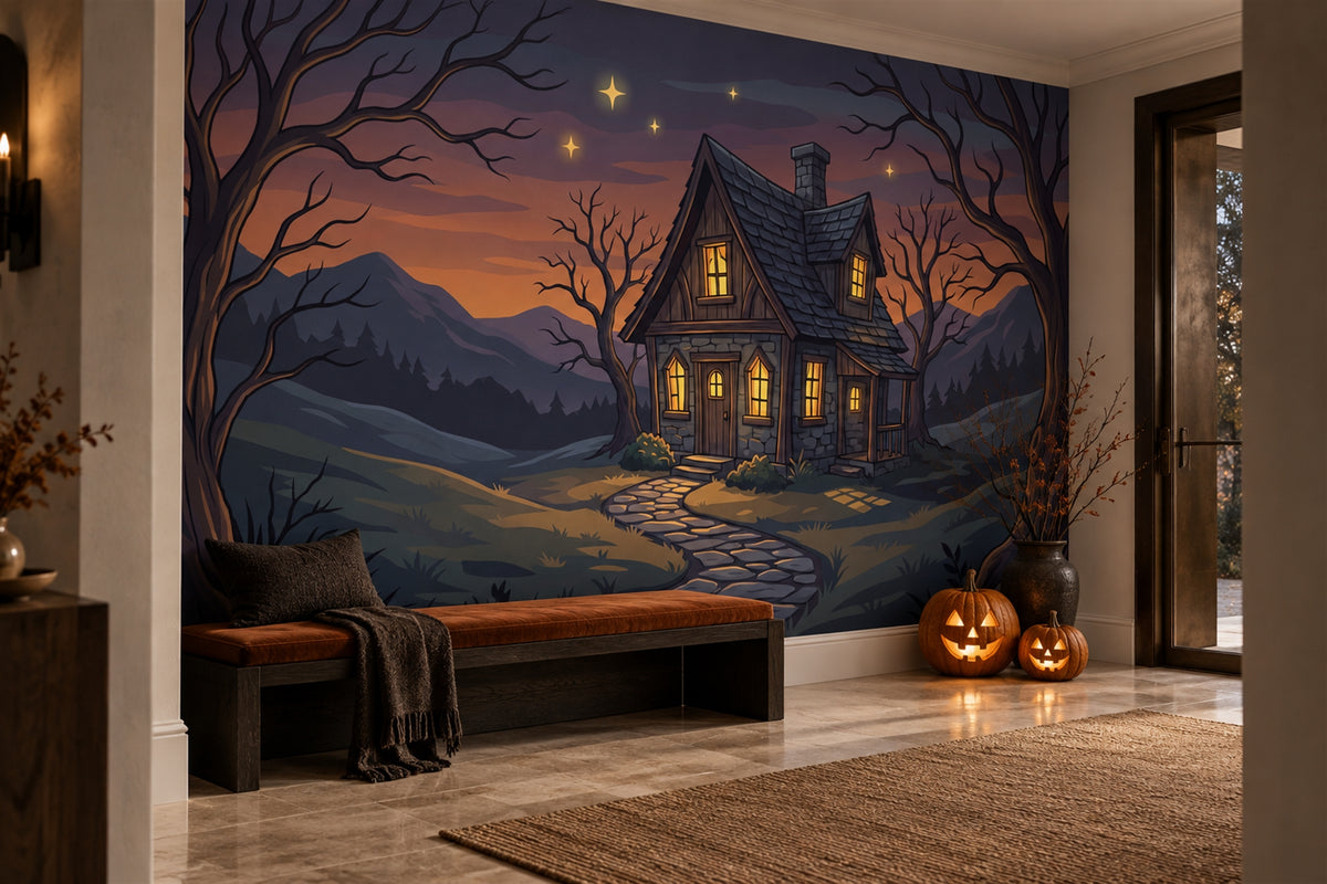 Witch Cottage Beneath Sunset Sky Halloween Wallpaper Mural - image 3