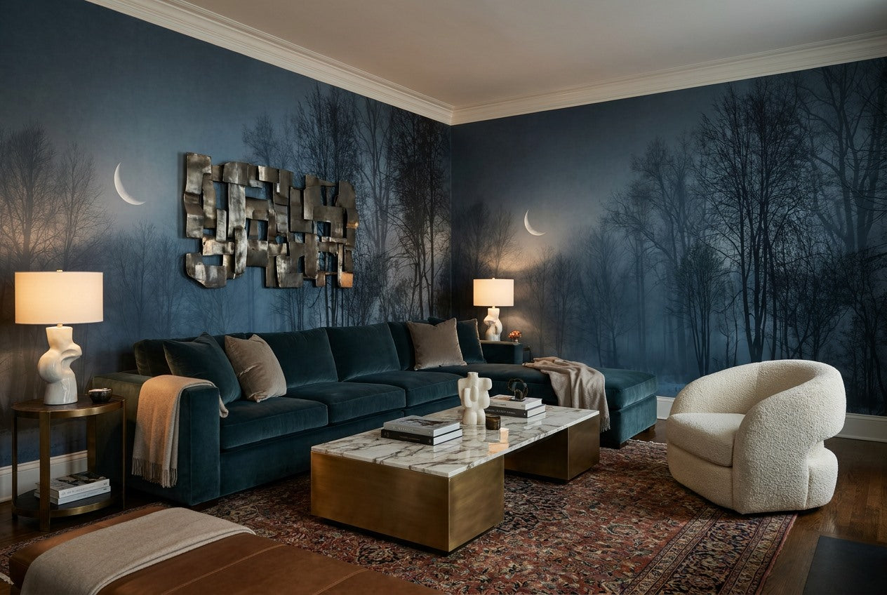 Foggy Crescent Moon Winter Forest Wallpaper Mural interior scene