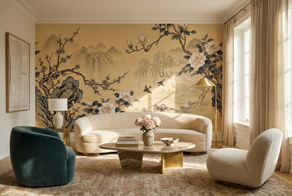 Gold Floral Garden Chinoiserie Wallpaper Mural - 5