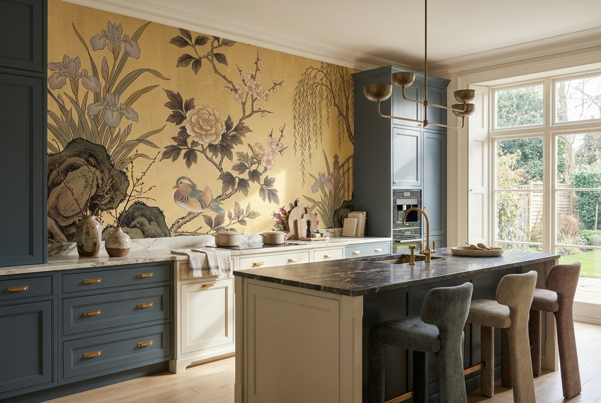 Gold Iris and Bird Chinoiserie Wallpaper Mural - 5