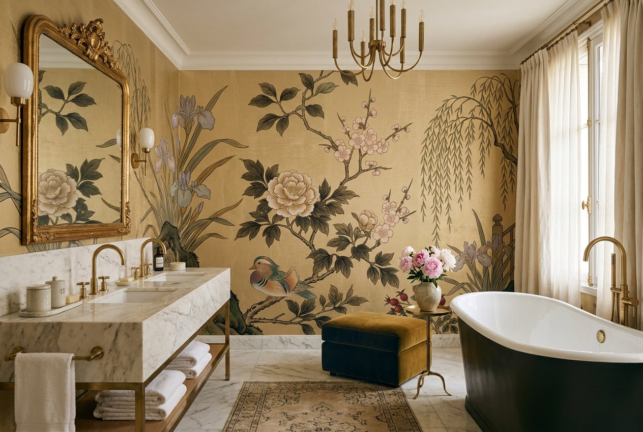 Gold Iris and Bird Chinoiserie Wallpaper Mural - 3