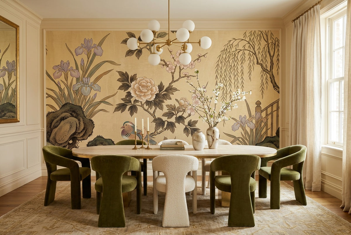 Gold Iris and Bird Chinoiserie Wallpaper Mural - 1