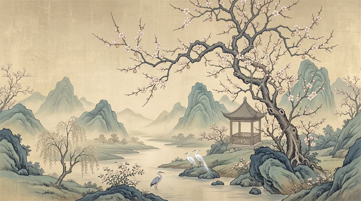Gold Mountain Lake Chinoiserie Wallpaper Mural - 2