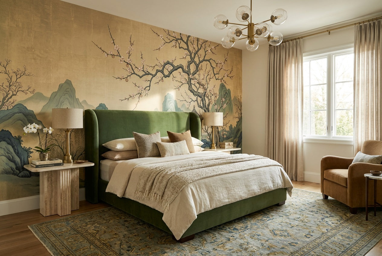 Gold Mountain Lake Chinoiserie Wallpaper Mural - 4