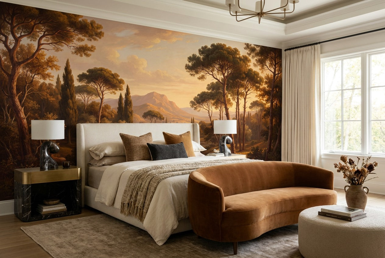 Golden Rustic Pine Landscape Wallpaper Mural interior setting