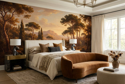 Golden Rustic Pine Landscape Wallpaper Mural interior setting
