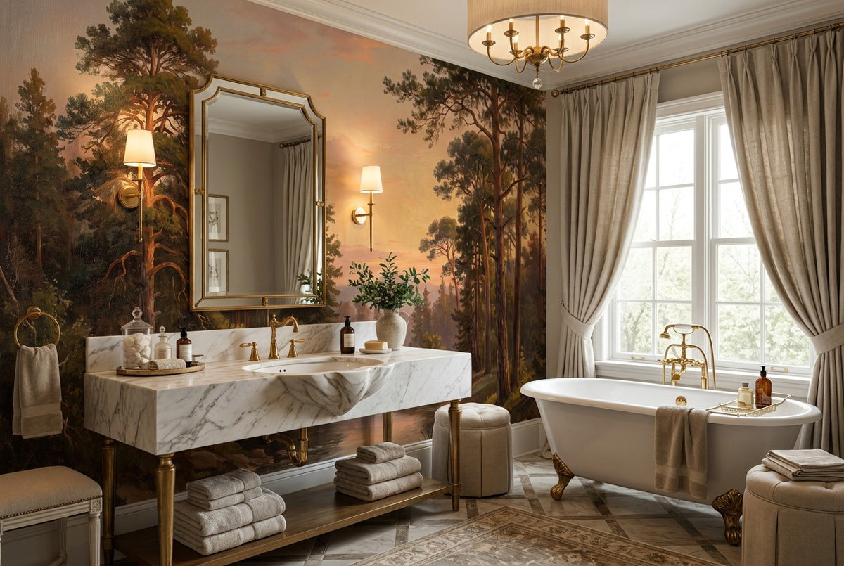 Olive Golden Pine Landscape Wallpaper Mural interior setting
