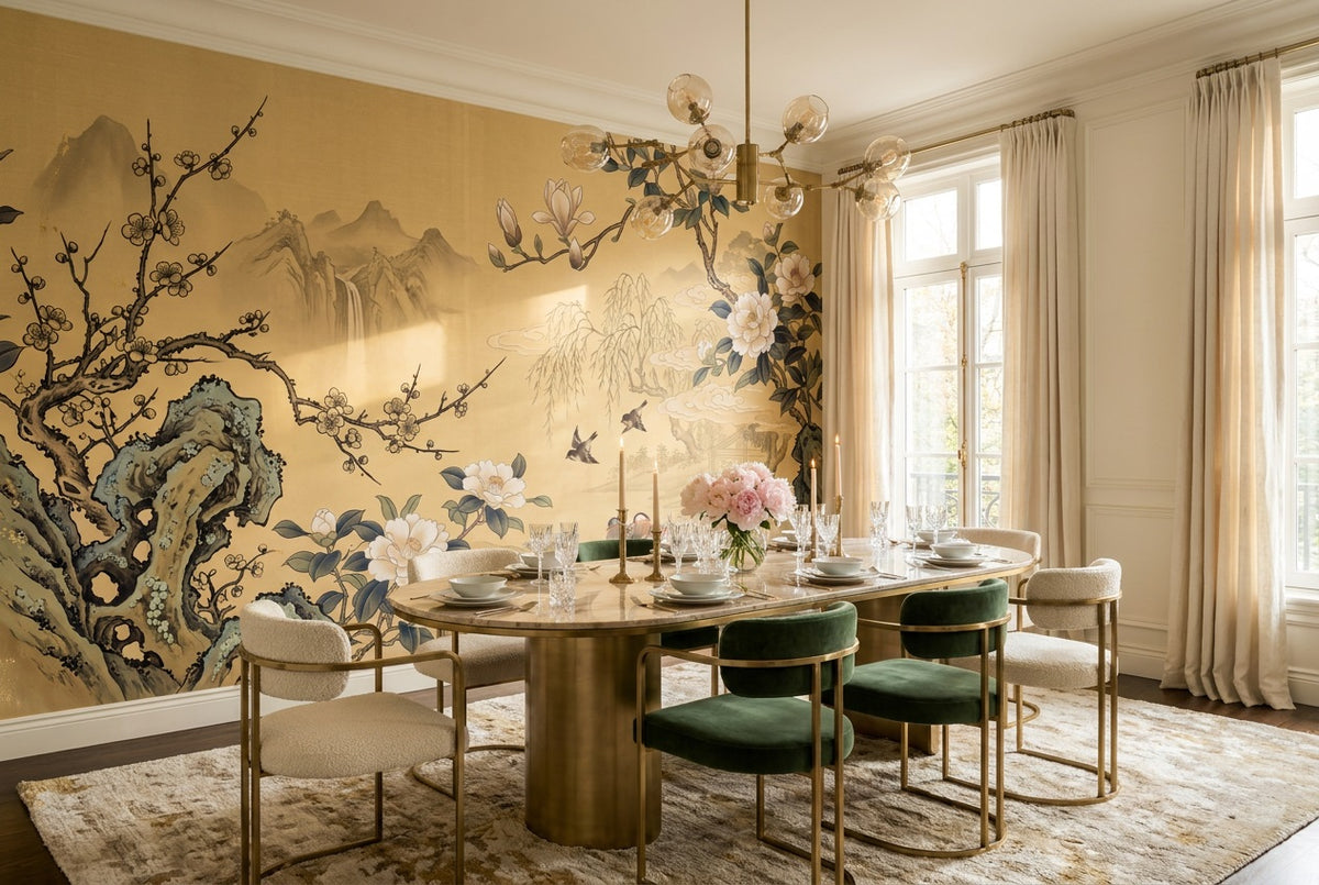 Gold Floral Garden Chinoiserie Wallpaper Mural - 1
