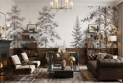 Gray Sketch Pine Forest Wallpaper Mural interior setting