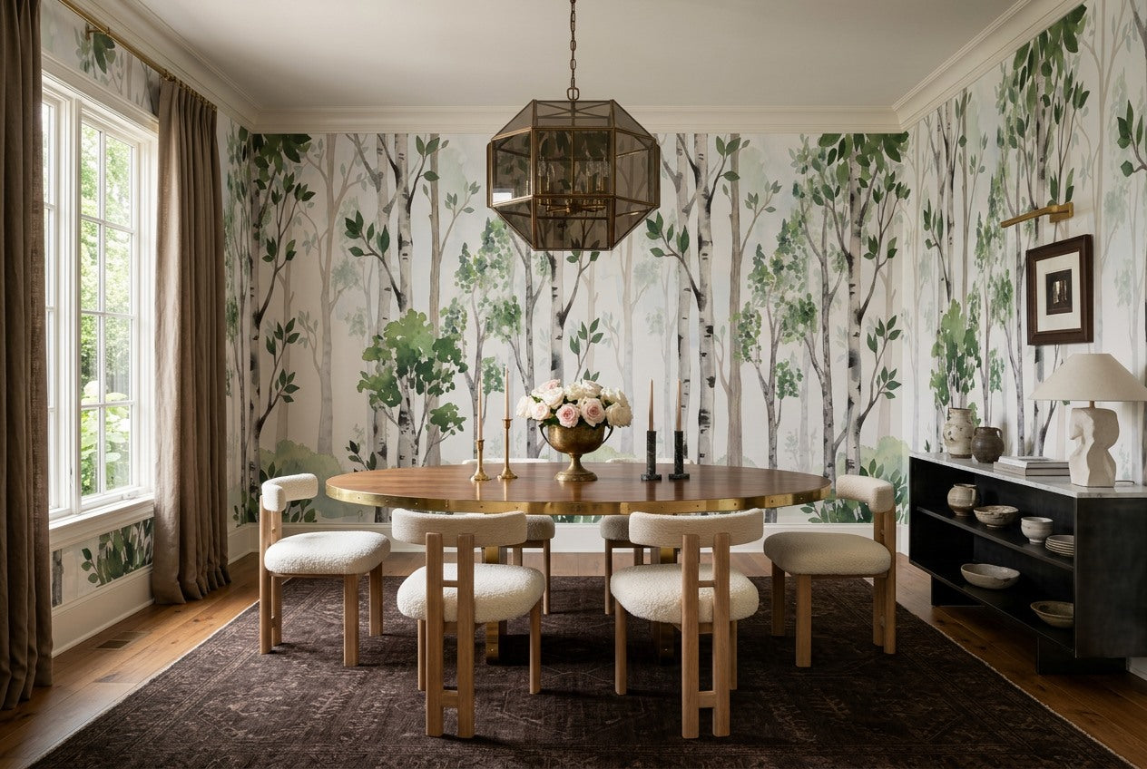 Calm Green Birch Forest Wallpaper Mural room scene