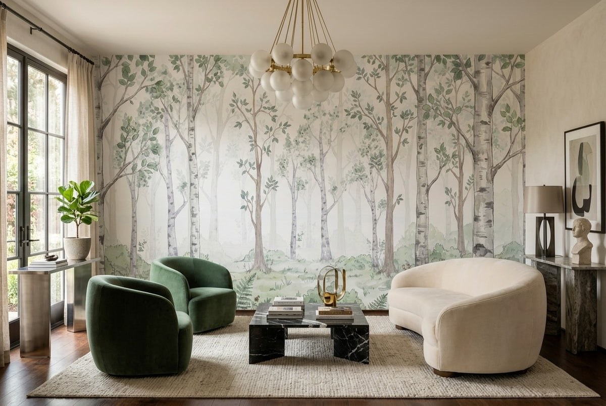 Soft Green Birch Forest Wallpaper Mural room scene