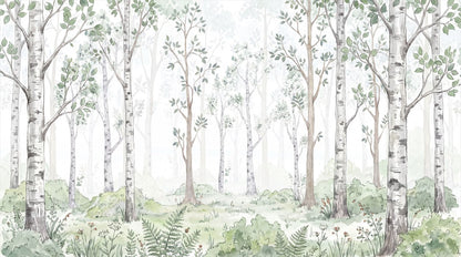Soft Green Birch Forest Wallpaper Mural complete artwork