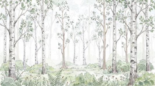 Soft Green Birch Forest Wallpaper Mural complete artwork