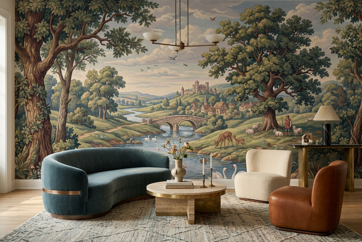 Green Deer River Countryside Wallpaper Mural - 1