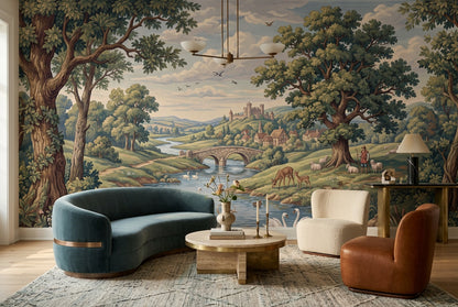 Green Deer River Countryside Wallpaper Mural - 1