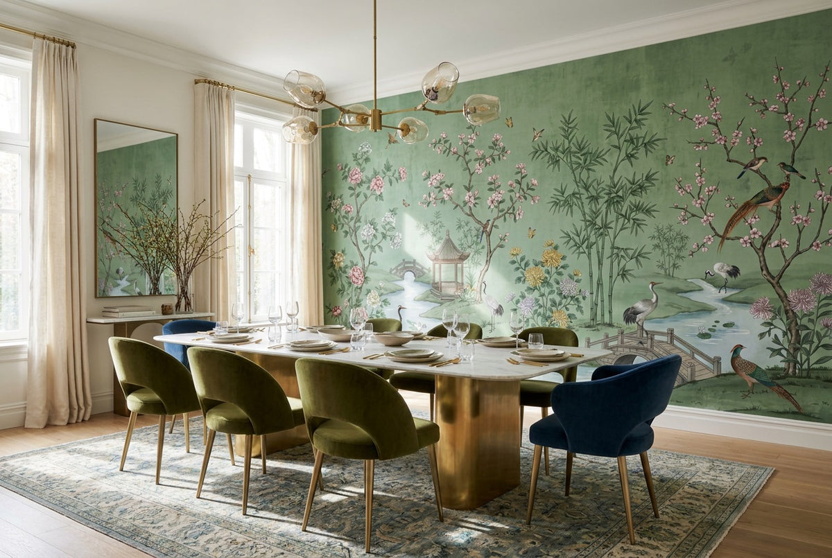 Sage Pavilion and Crane Chinoiserie Wallpaper Mural - 1