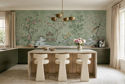 Sage Pavilion and Crane Chinoiserie Wallpaper Mural - 5