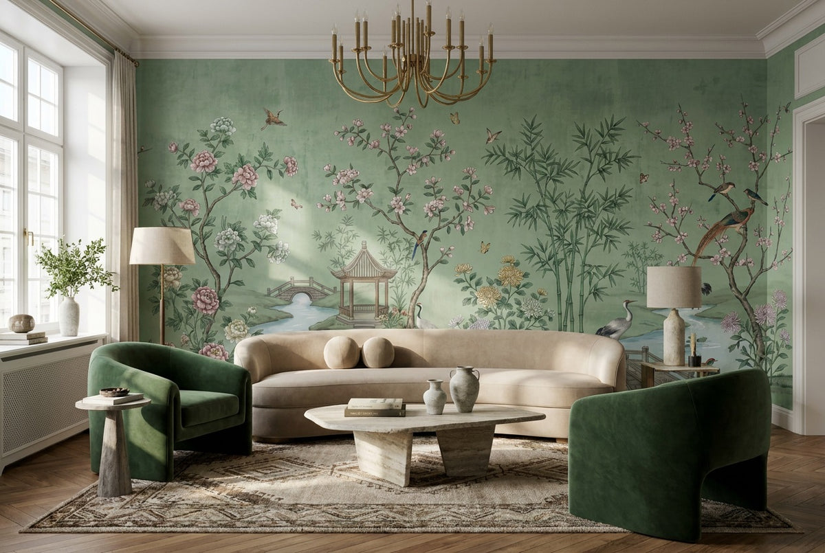 Sage Pavilion and Crane Chinoiserie Wallpaper Mural - 6