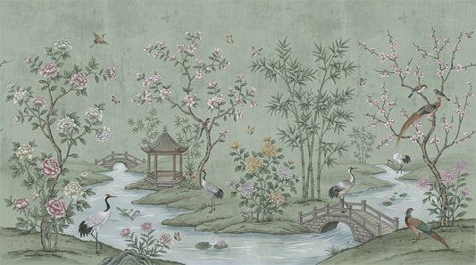 Sage Pavilion and Crane Chinoiserie Wallpaper Mural - 2