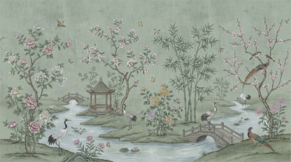 Sage Pavilion and Crane Chinoiserie Wallpaper Mural - 2