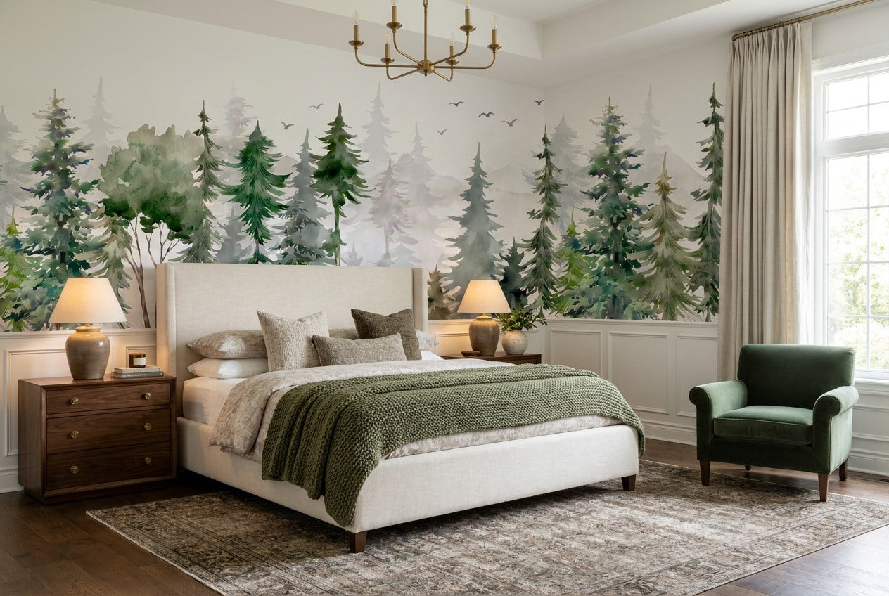 Fresh Green Watercolor Pine Tree Wallpaper Mural interior setting