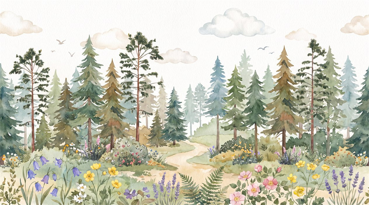 Green Meadow Pine Tree Wallpaper Mural pattern detail