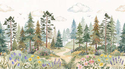 Green Meadow Pine Tree Wallpaper Mural pattern detail