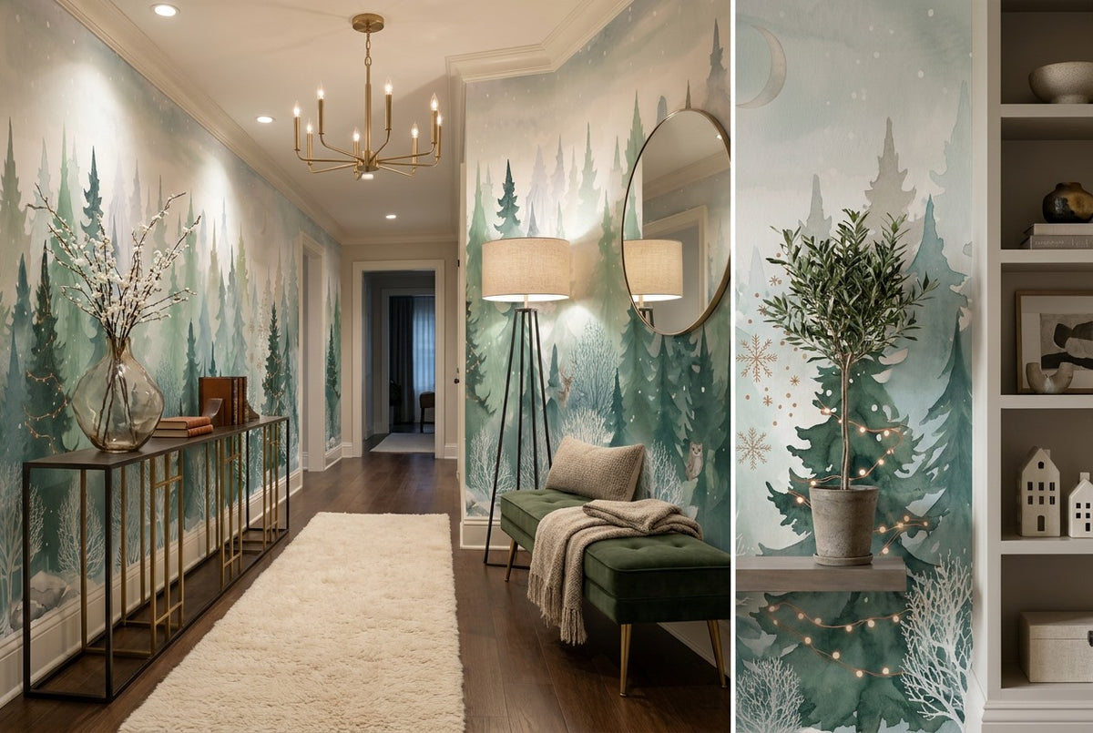 Green Snowy Winter Forest Wallpaper Mural
