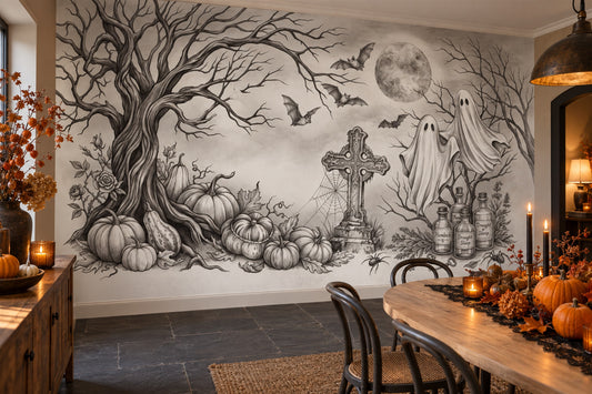 Ghosts Pumpkins Grave Cross and Potion Bottles Halloween Wallpaper Mural - image 1