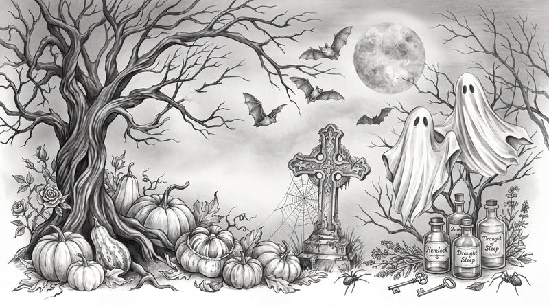 Ghosts Pumpkins Grave Cross and Potion Bottles Halloween Wallpaper Mural - image 2
