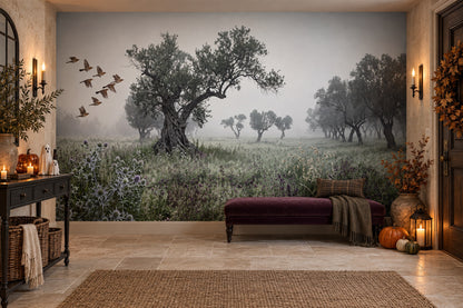 Misty Ancient Tree and Flying Birds Halloween Wallpaper Mural - image 4