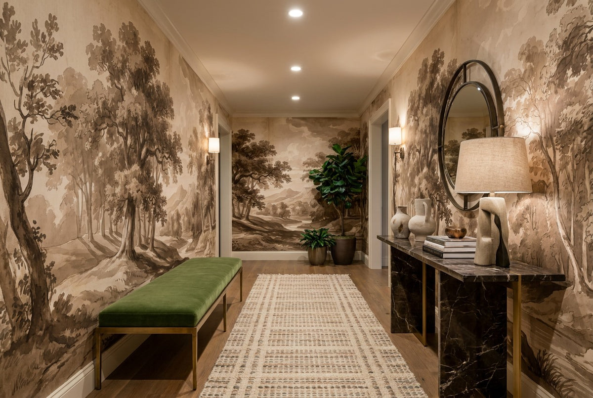 Sunlit Forest Engraving Sepia Wallpaper Mural - image 2