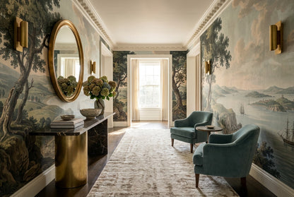 Soft Aqua Coastal Lake Landscape Wallpaper Mural room scene