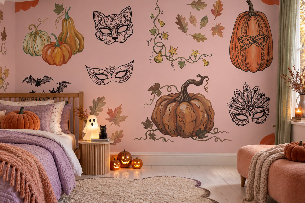 Pumpkins Masks Bats and Autumn Sprigs Halloween Wallpaper Mural - image 3